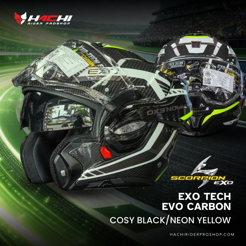หมวกกันน็อคยกคาง SCORPION EXO TECH EVO CARBON Cosy BlackNeon Yellow