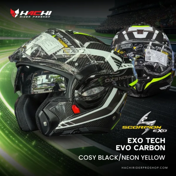 หมวกกันน็อคยกคาง SCORPION EXO TECH EVO CARBON Cosy BlackNeon Yellow