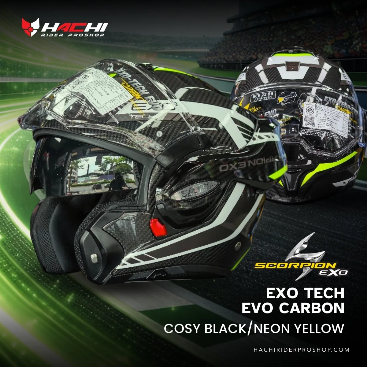 หมวกกันน็อคยกคาง SCORPION EXO TECH EVO CARBON Cosy BlackNeon Yellow