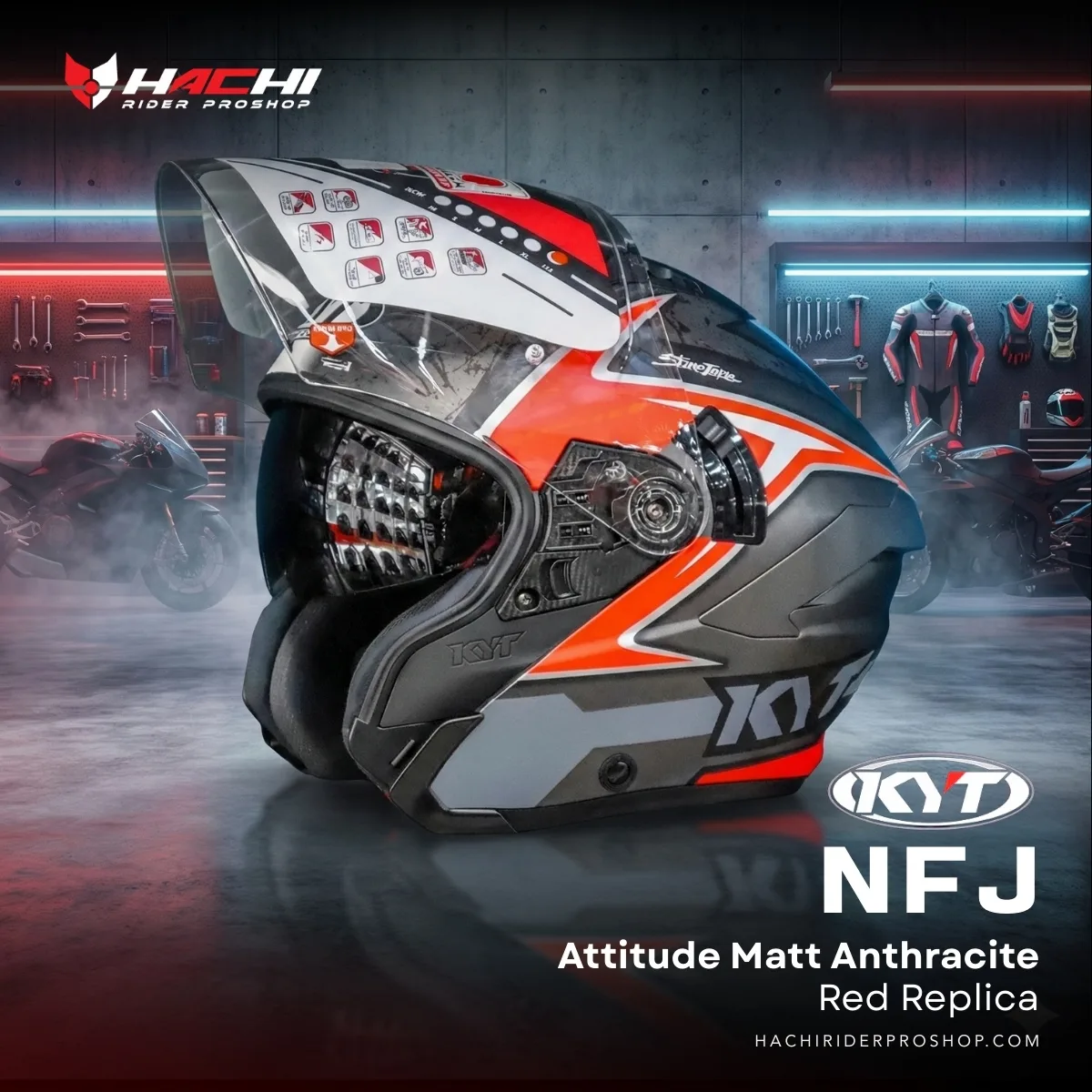 KYT NFJ - Attitude Matt Anthracite Red Replica Cover หมวกกันน็อคครึ่งใบ KYT NFJ - Attitude Matt Anthracite Red Replica