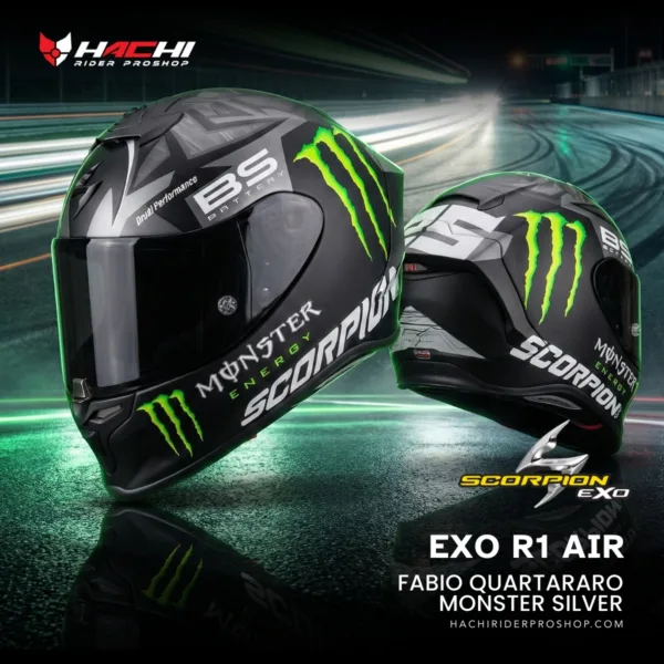 หมวกกันน็อคเต็มใบ SCORPION EXO R1 AIR - Fabio Quartararo Monster Silver
