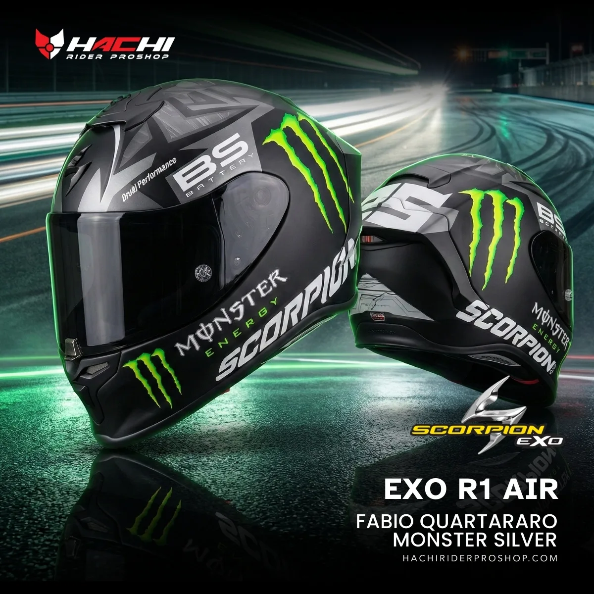 หมวกกันน็อคเต็มใบ SCORPION EXO R1 AIR - Fabio Quartararo Monster Silver