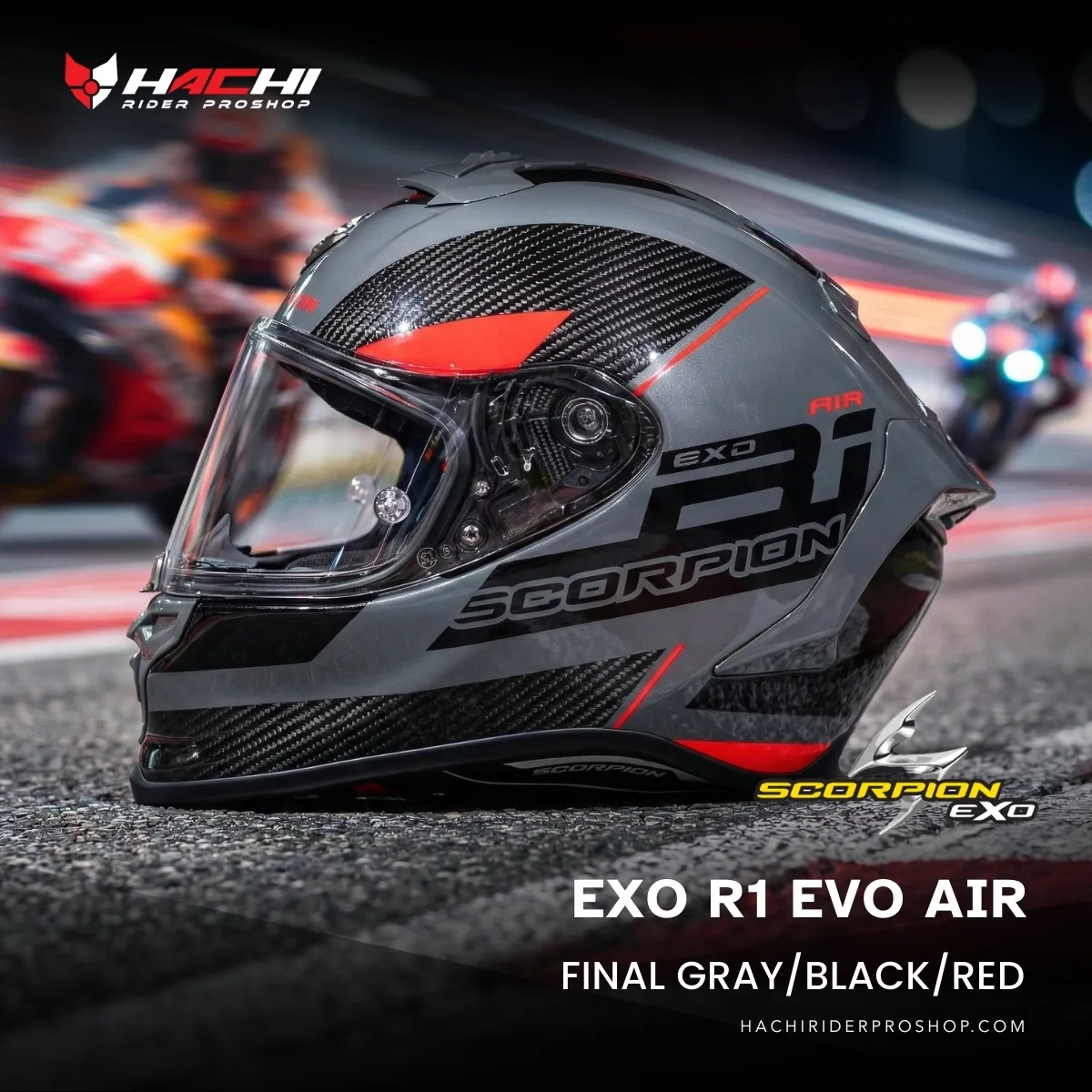 หมวกกันน็อคเต็มใบ SCORPION EXO R1 EVO AIR - Final GrayBlackRed