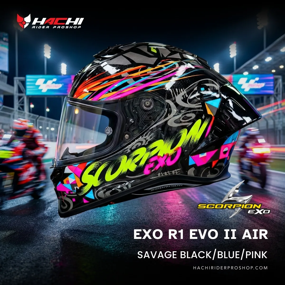 หมวกกันน็อคเต็มใบ SCORPION EXO R1 EVO II AIR - Savage BlackBluePink